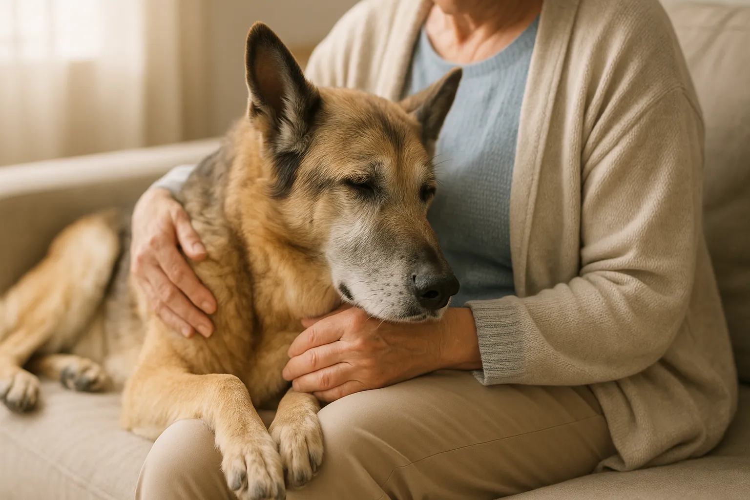 老犬が飼い主に寄り添って穏やかに過ごす様子