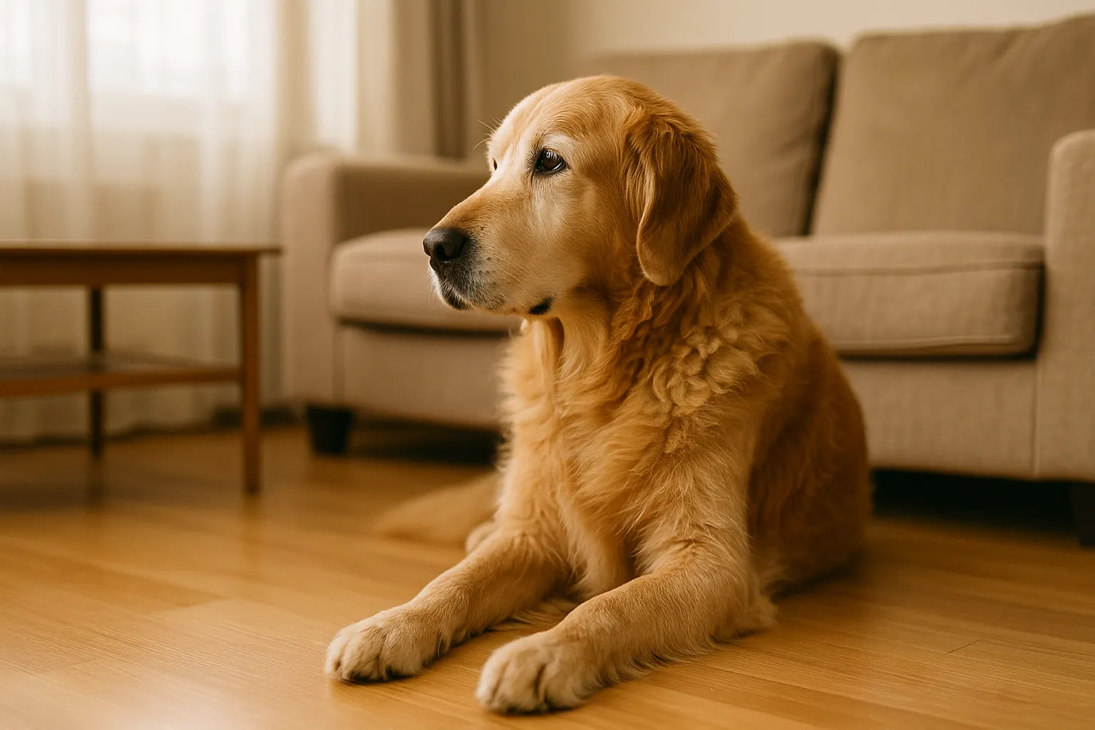 リビングで少しぼんやりした表情の老犬の写真