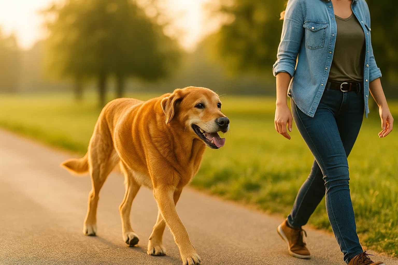 老犬が外で気持ちよさそうに歩く様子（明るい朝の写真） 