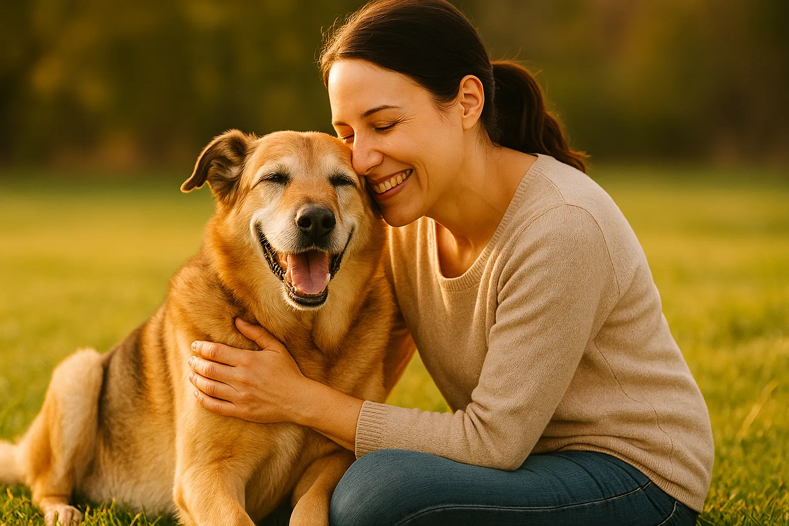 飼い主が老犬と静かに寄り添う姿