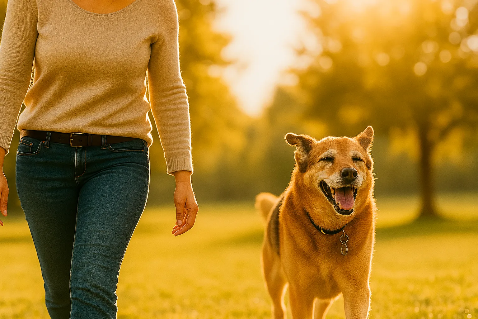 朝の光の中で老犬と飼い主が散歩する様子