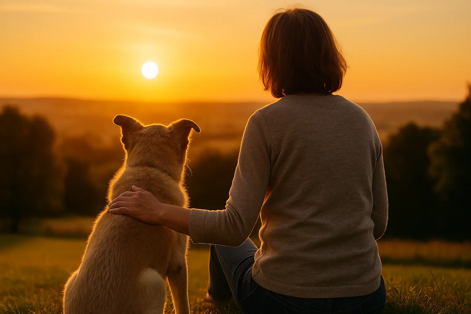 飼い主と老犬が夕焼けを見つめる後ろ姿