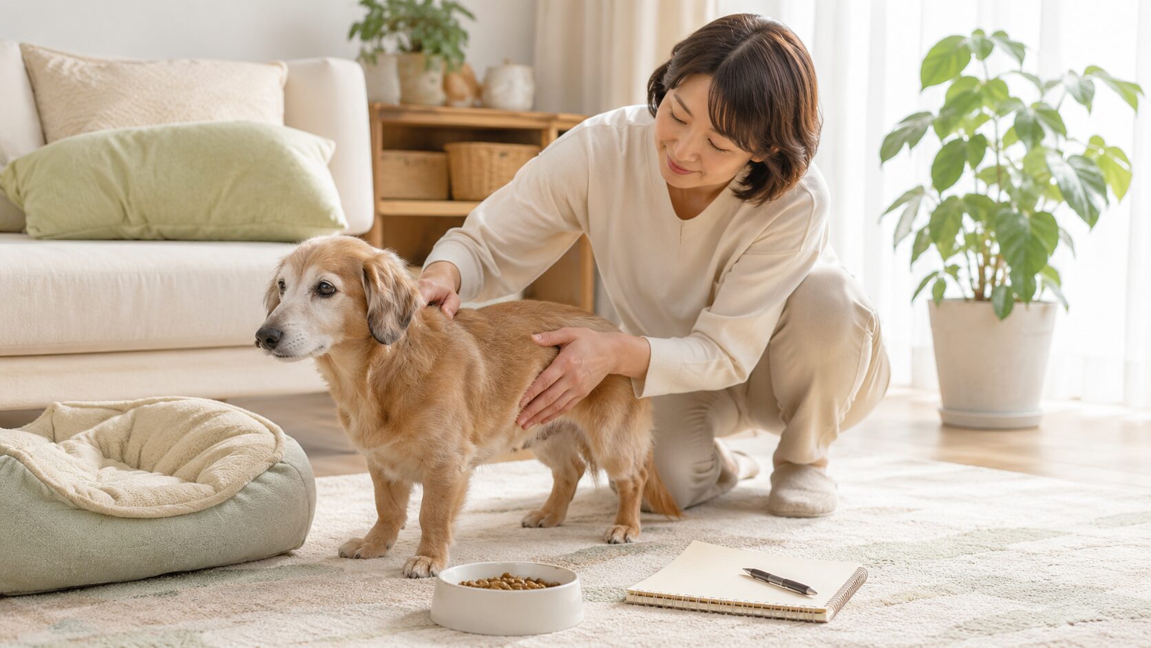 痩せてきた老犬の体つきを飼い主がやさしく見守っているイメージ画像
