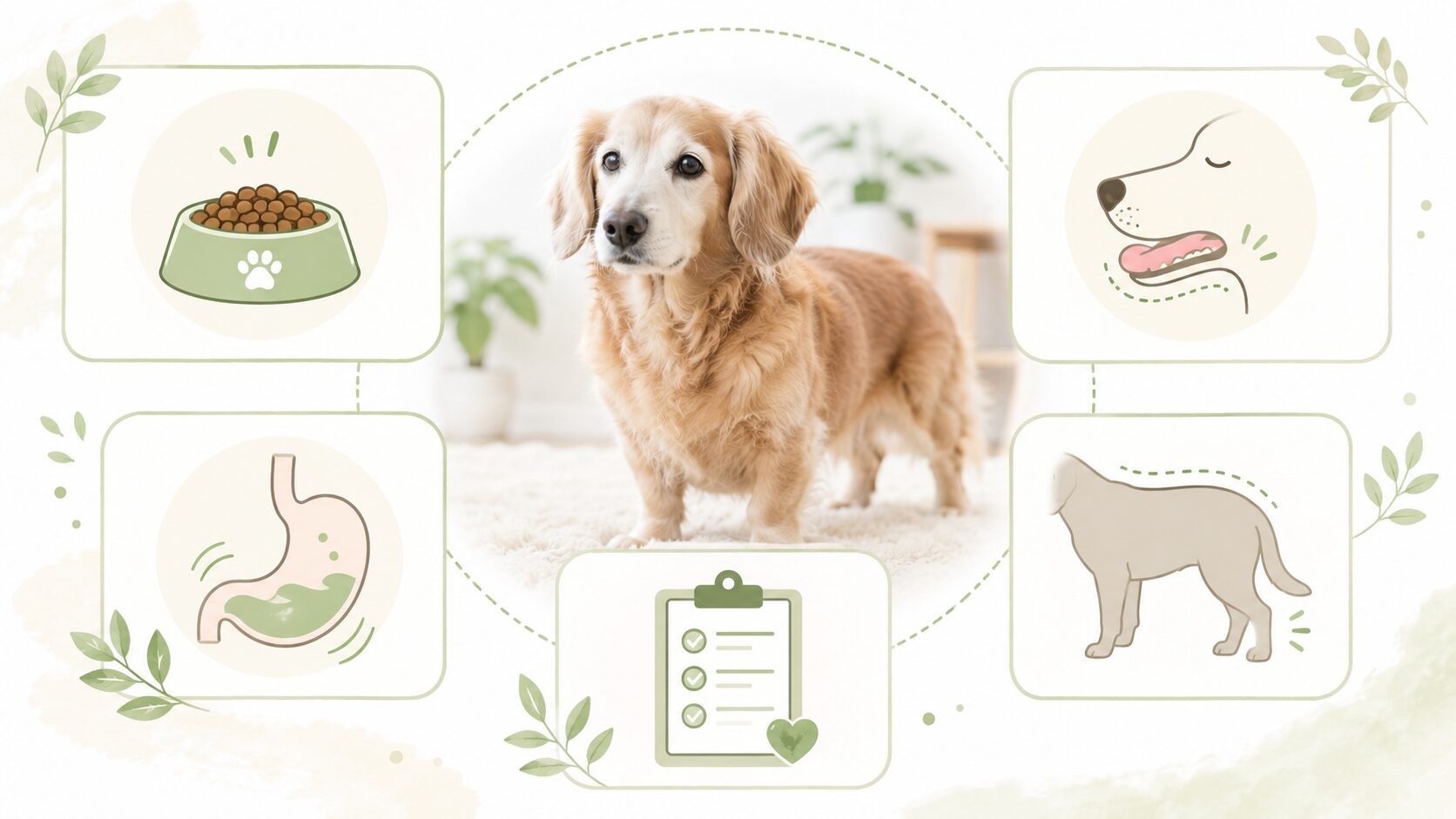 老犬が痩せてきた主な原因を食事量や噛みにくさや筋肉量などで整理した図解