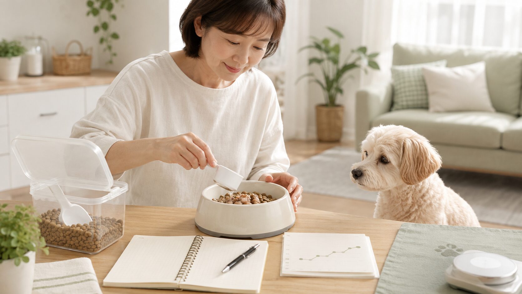 痩せてきた老犬のために食事量や食べやすさを見直しているイメージ画像