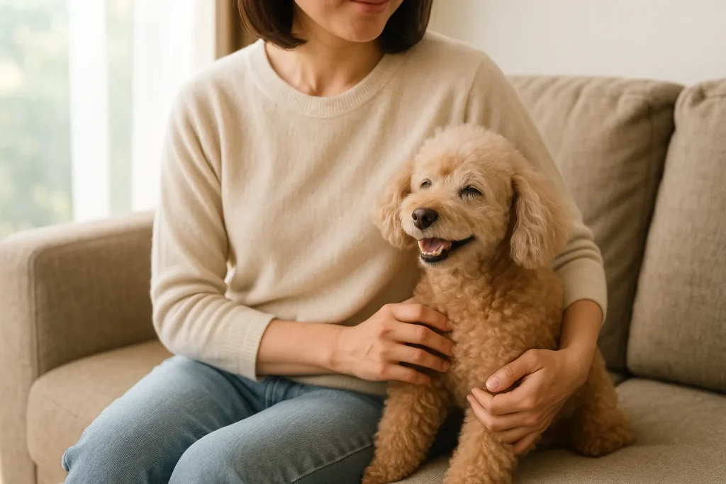 穏やかに寄り添う飼い主とシニア犬"