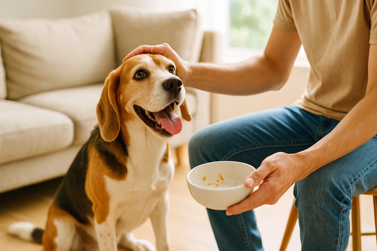 食後チェック中の飼い主と犬