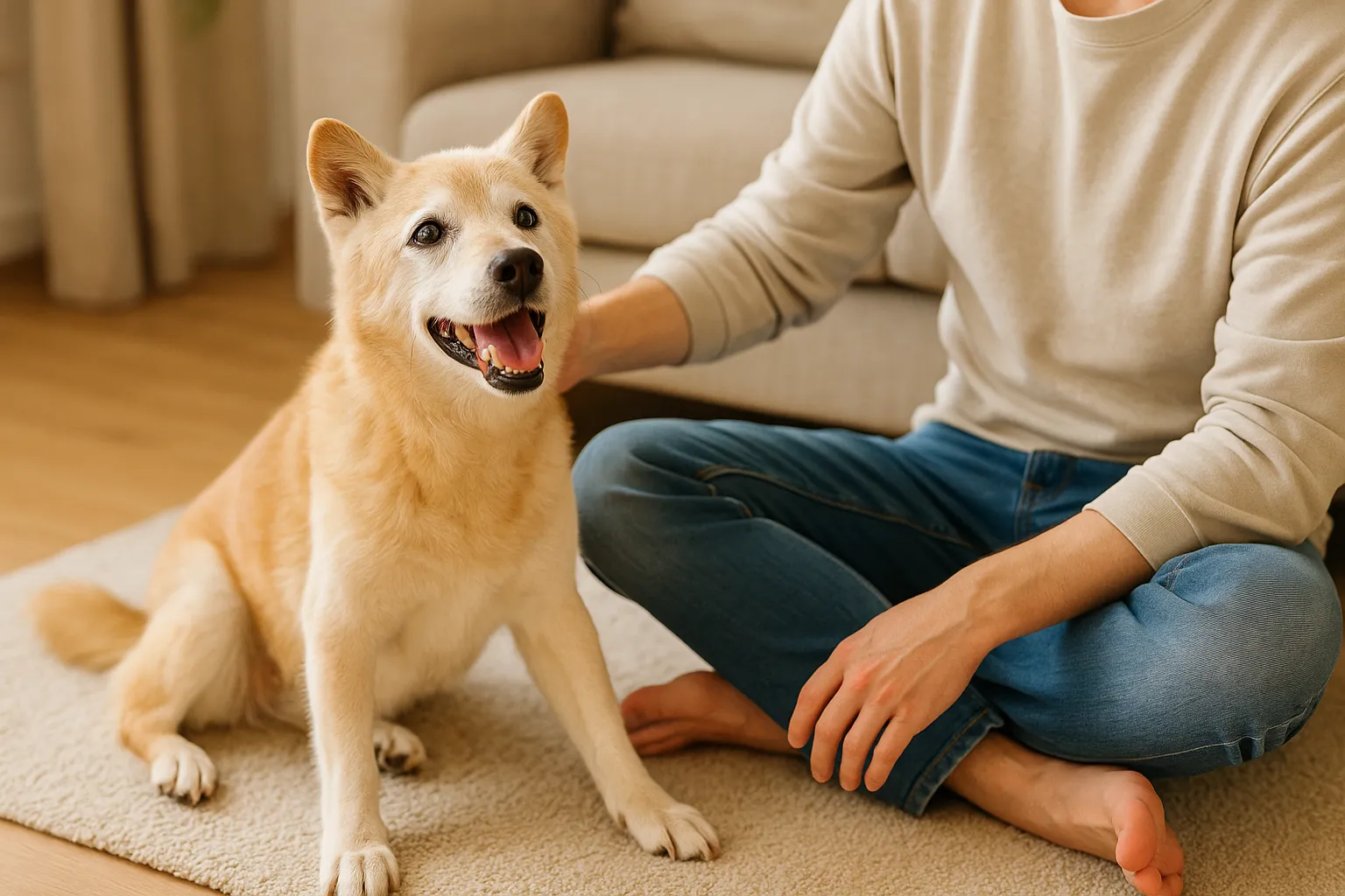 老犬と穏やかに過ごす飼い主のイメージ