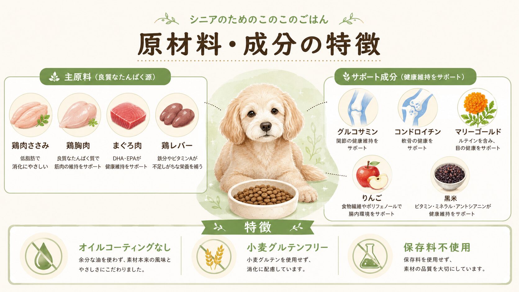 シニアのためのこのこのごはんの主原料と配合成分をまとめた図解