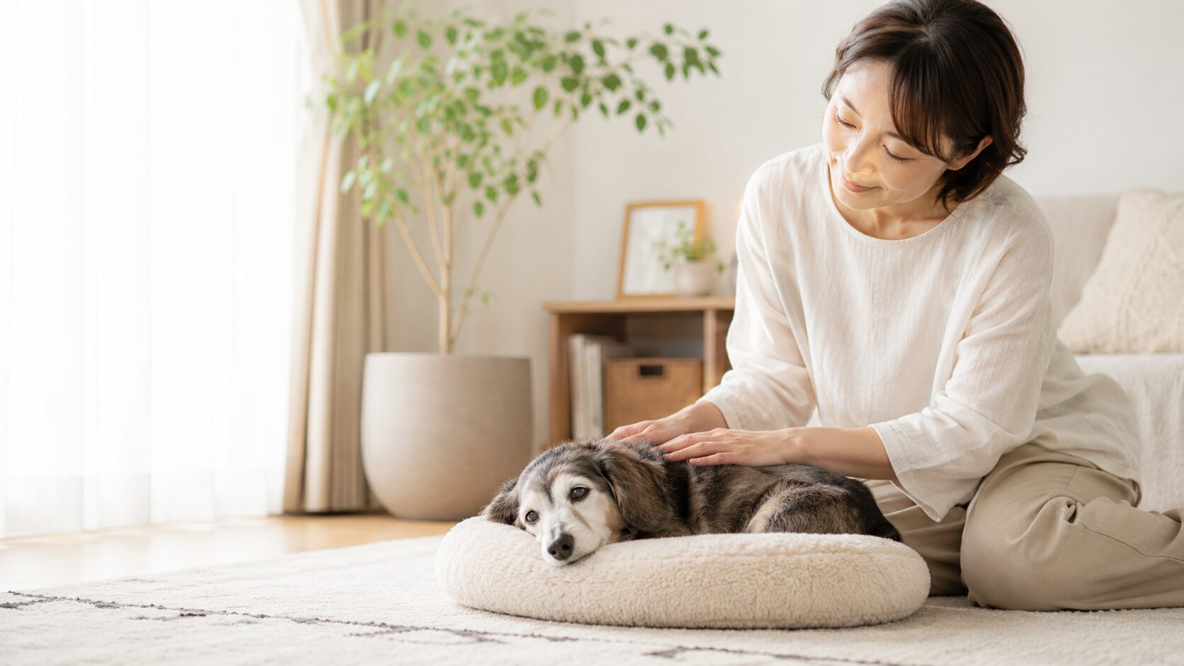 シニア犬を飼い主がやさしく見守っているイメージ画像