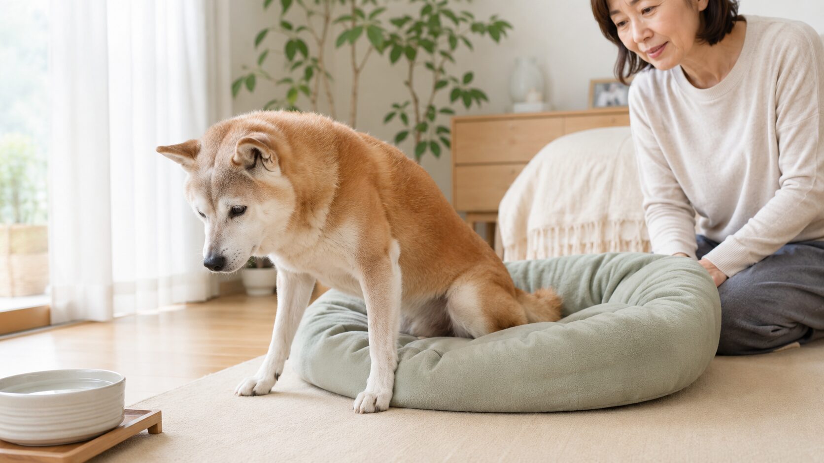 柔らかい犬用ベッドから前足を踏み直しながら起き上がるシニア犬