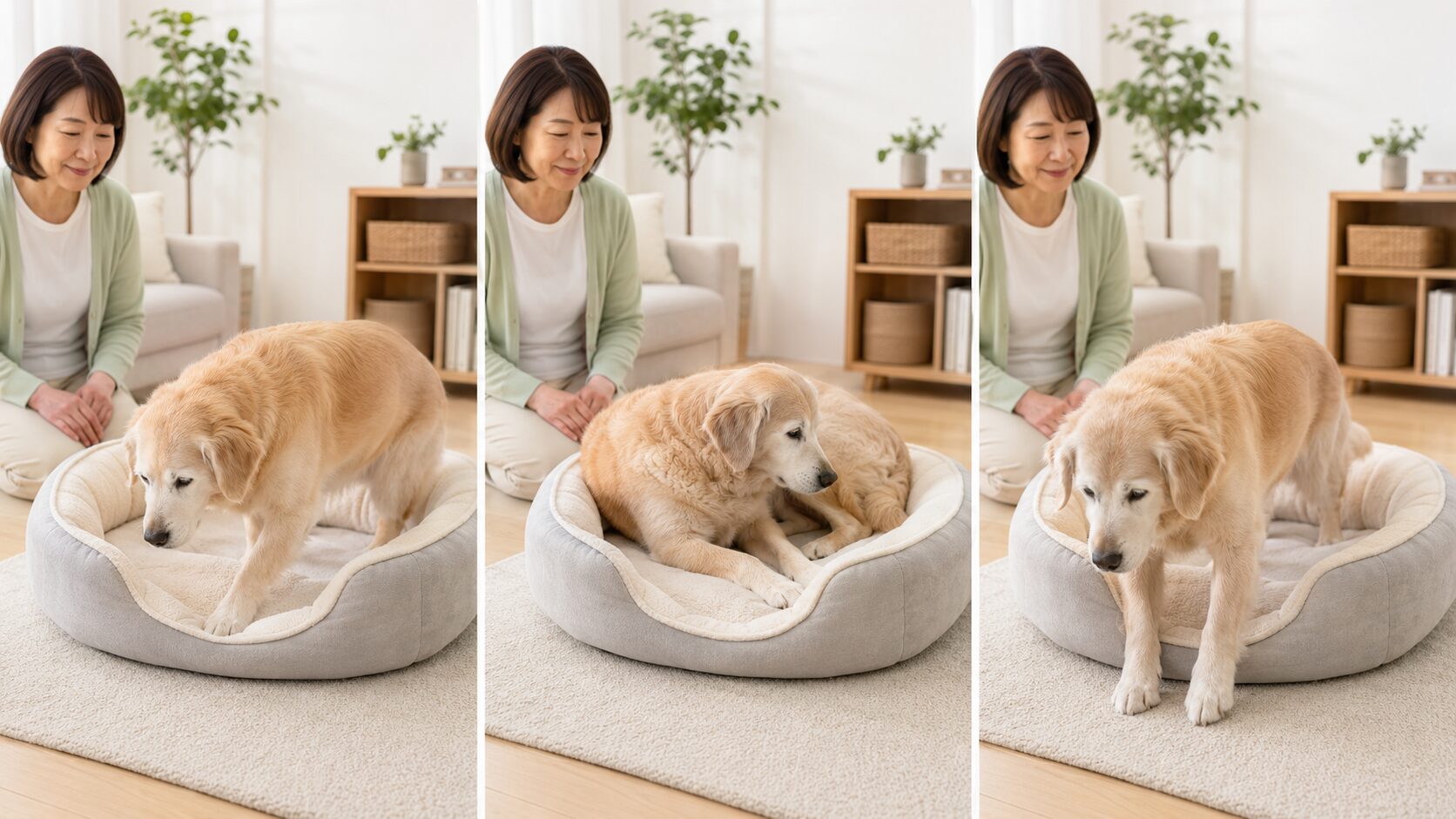シニア犬がベッドへ入る・寝返りする・起き上がる動作を並べた図解