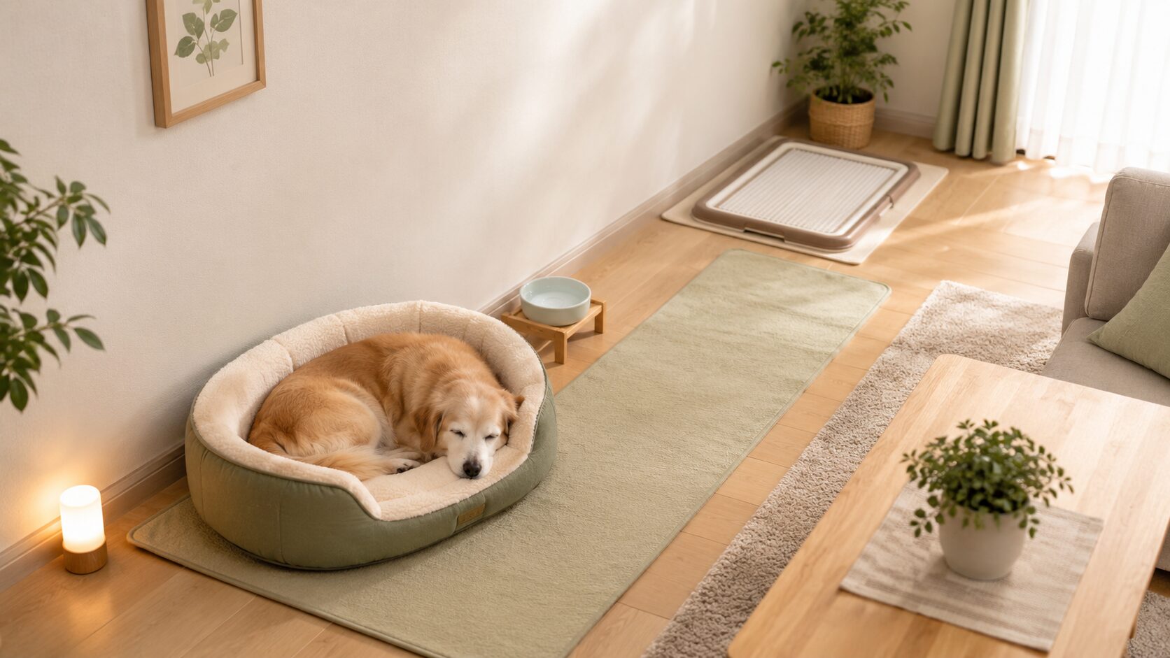 シニア犬のベッドから水飲み場とトイレまでを移動しやすく整えた寝床環境