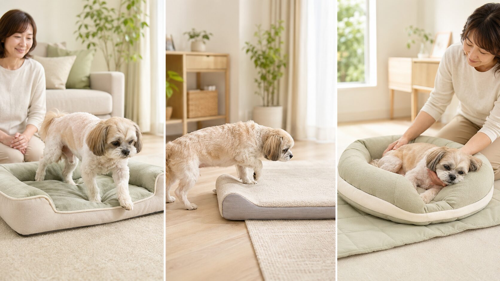 老犬の動ける範囲に合わせたベッドの選び方を示す図解