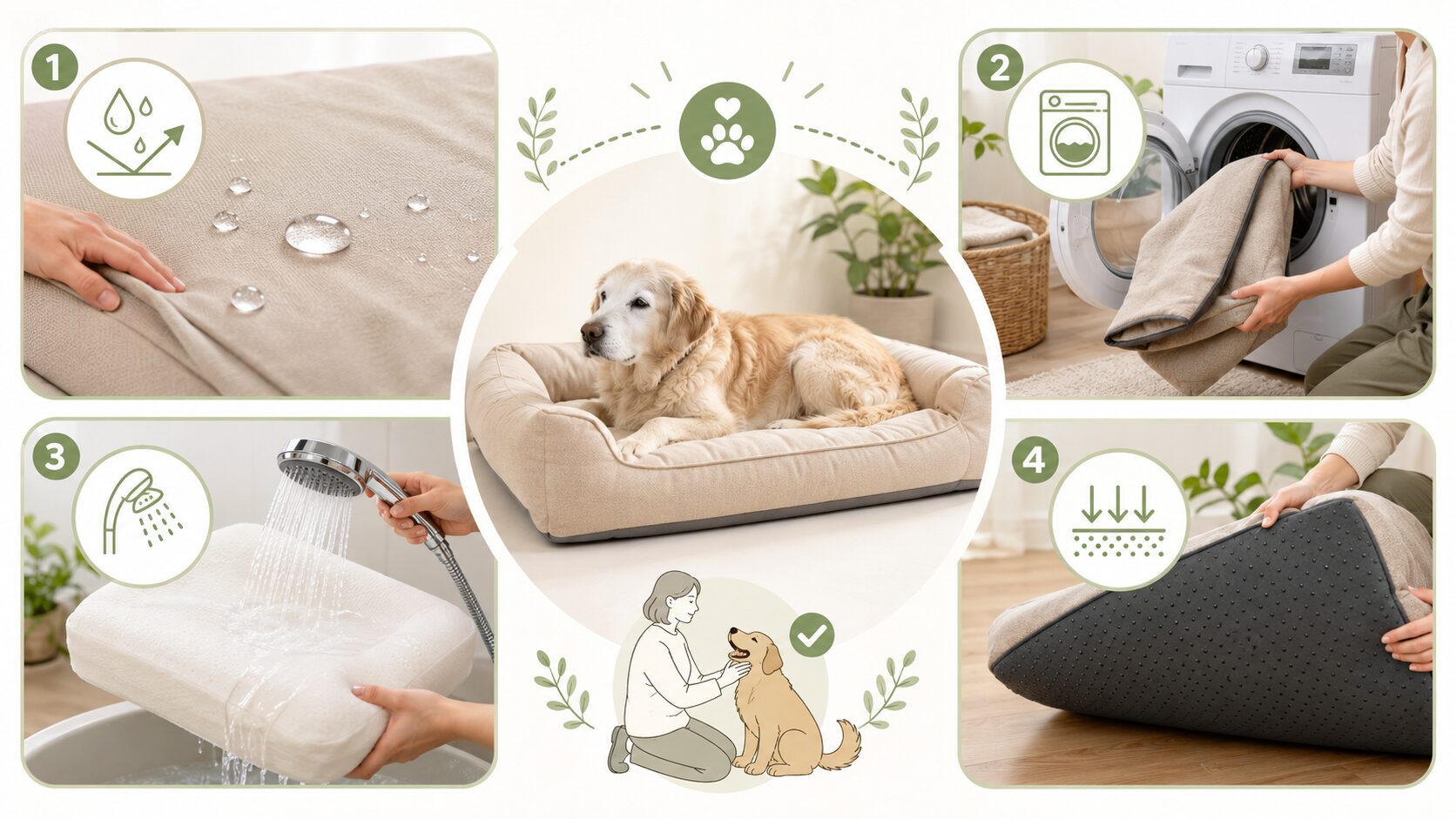 老犬用ベッドの防水性や洗濯方法、滑り止めを示す図解