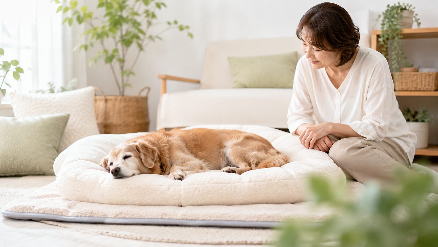 寝ている時間が増えたシニア犬を飼い主がやさしく見守っているイメージ画像