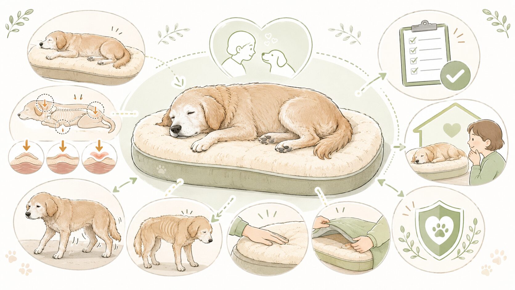 老犬の床ずれが起こりやすい背景をやさしく示した図解