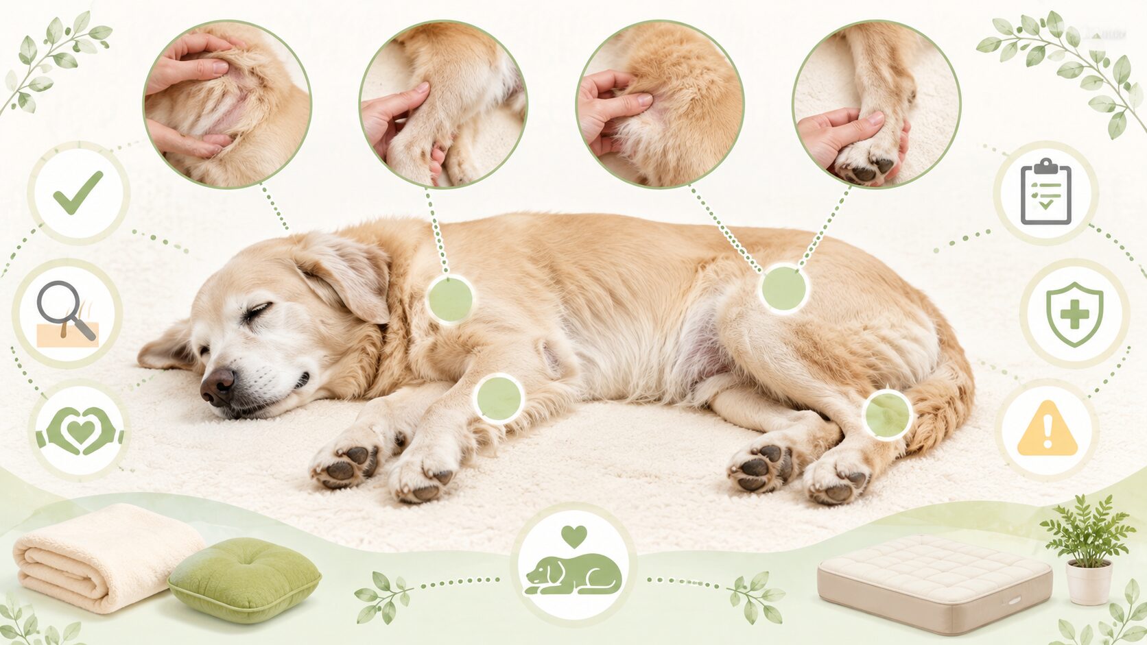 老犬の肩や肘や腰やかかとなど床ずれができやすい場所を示した図解