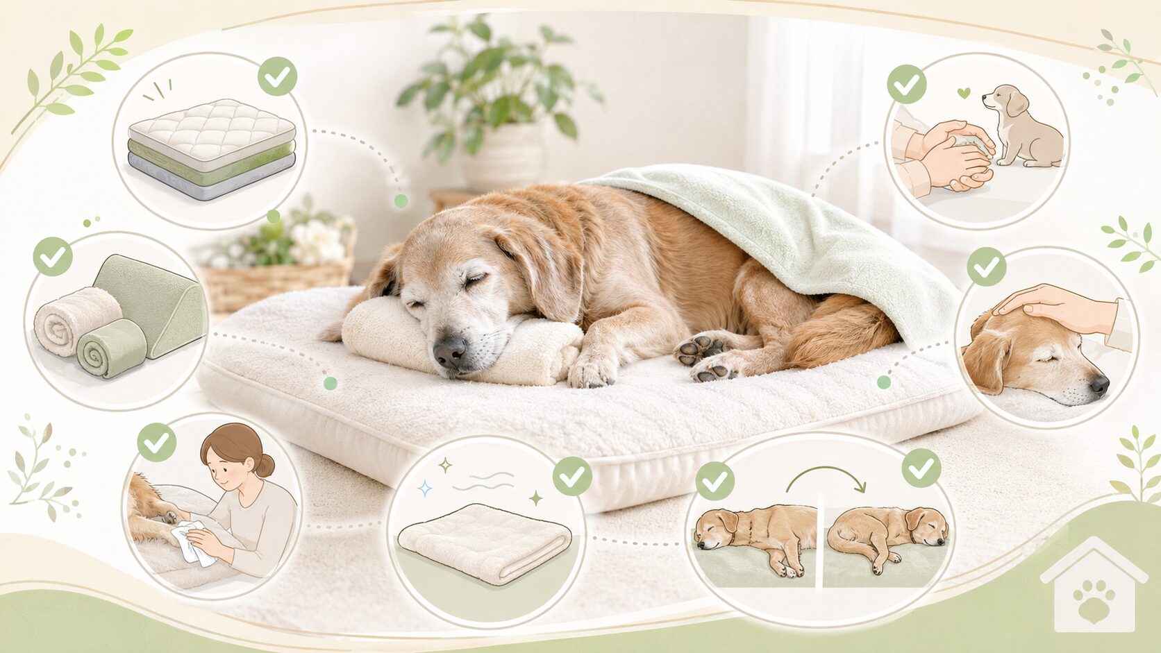 老犬の床ずれ対策として寝床やクッションや清潔ケアを整える工夫の図解