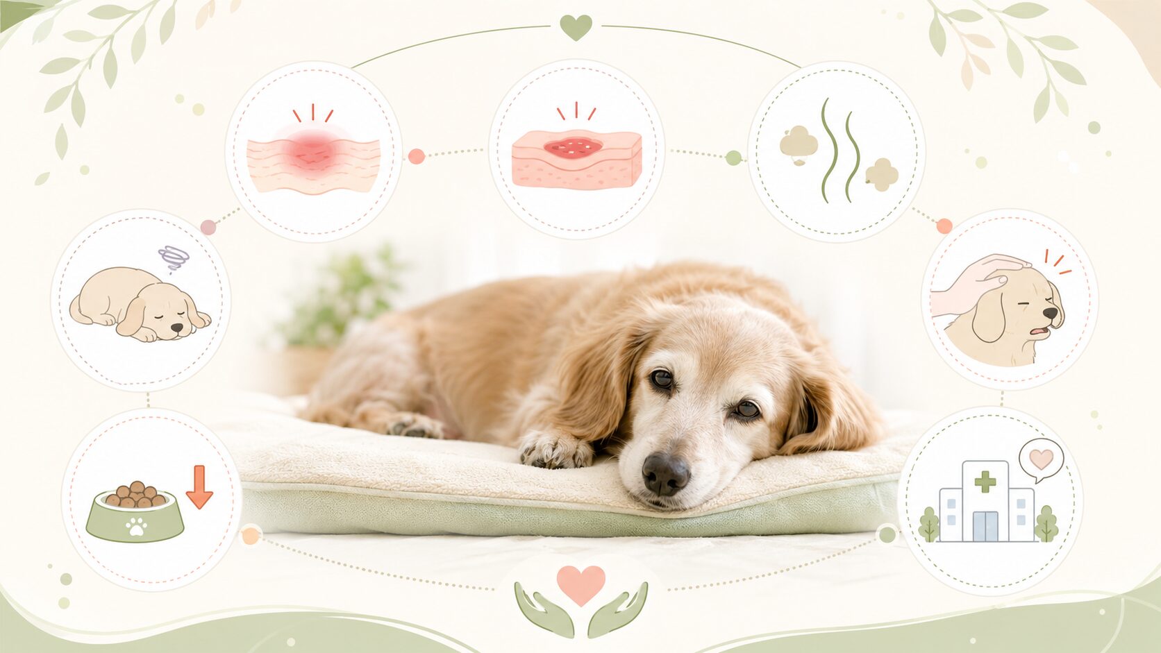 老犬の床ずれで赤みや痛がる様子など相談したいサインをまとめた図解