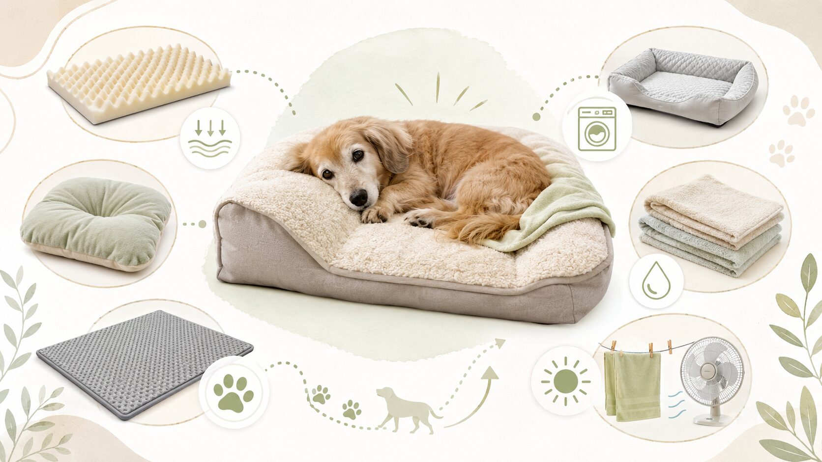 老犬の床ずれ対策として体圧分散マットや洗えるベッドなどの選び方を示した図解