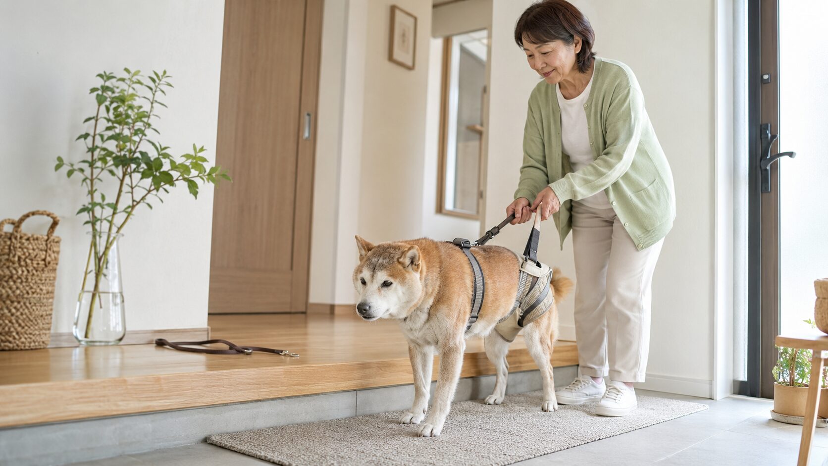 後ろ足用の介護ハーネスでシニア犬の歩行を支える飼い主