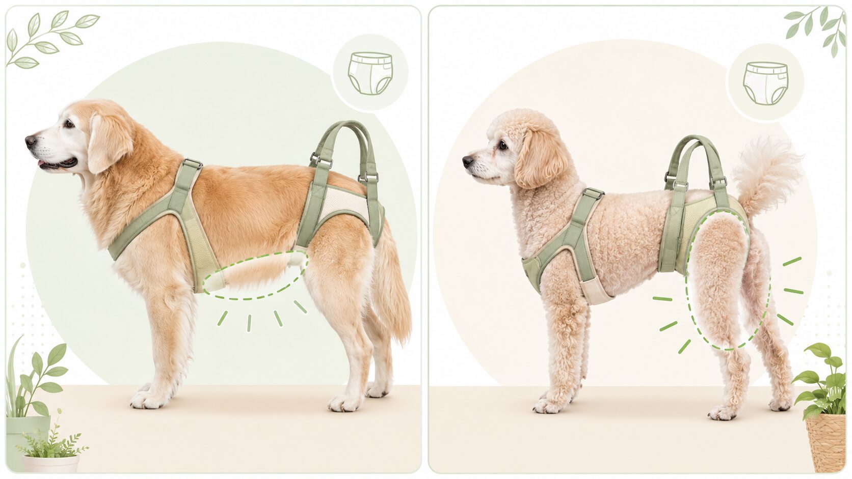 オスとメスで異なる排泄しやすい老犬用介護ハーネスの形