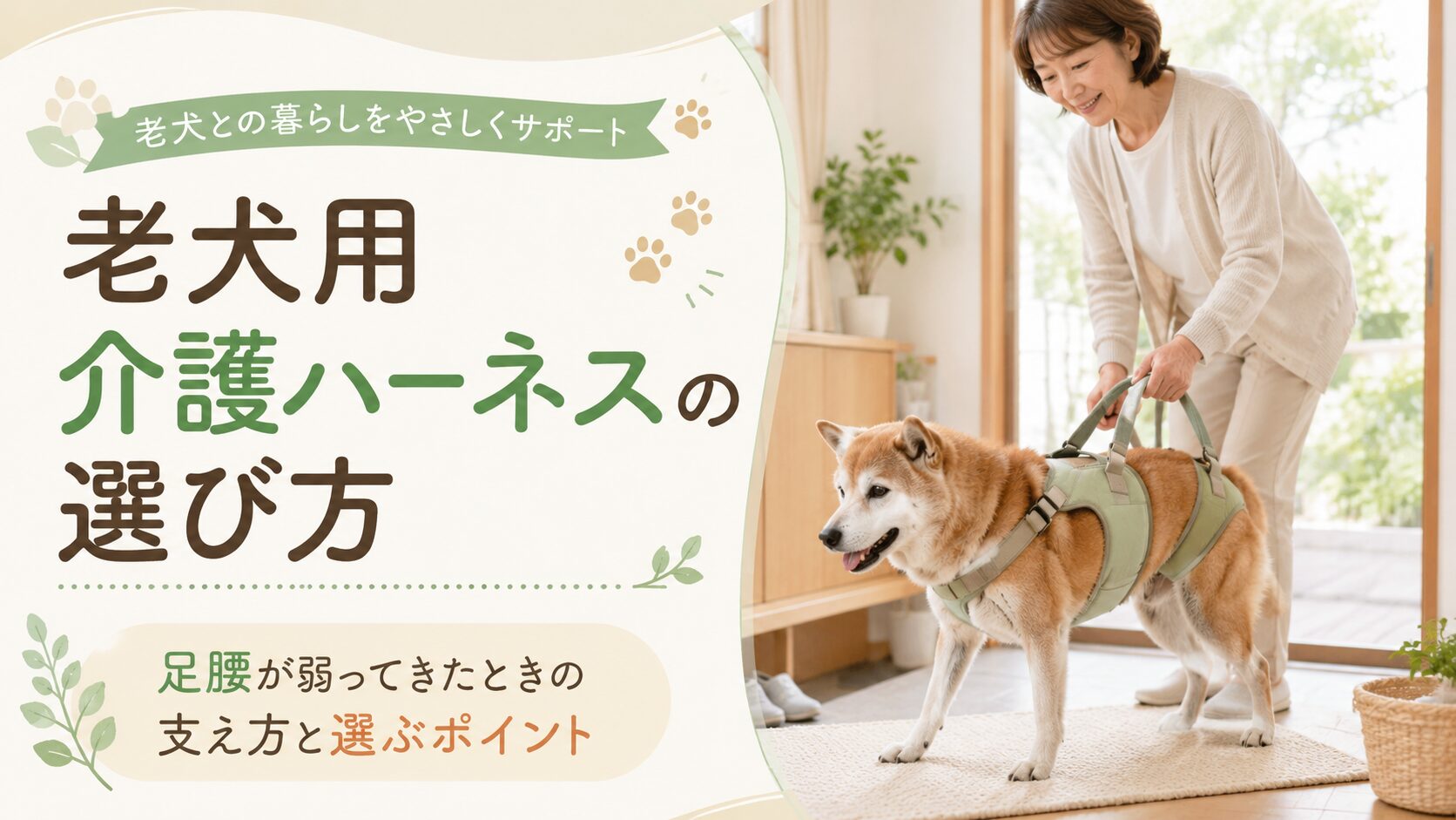 老犬用介護ハーネスの選び方をテーマに、シニア犬の歩行を飼い主が支えているアイキャッチ画像