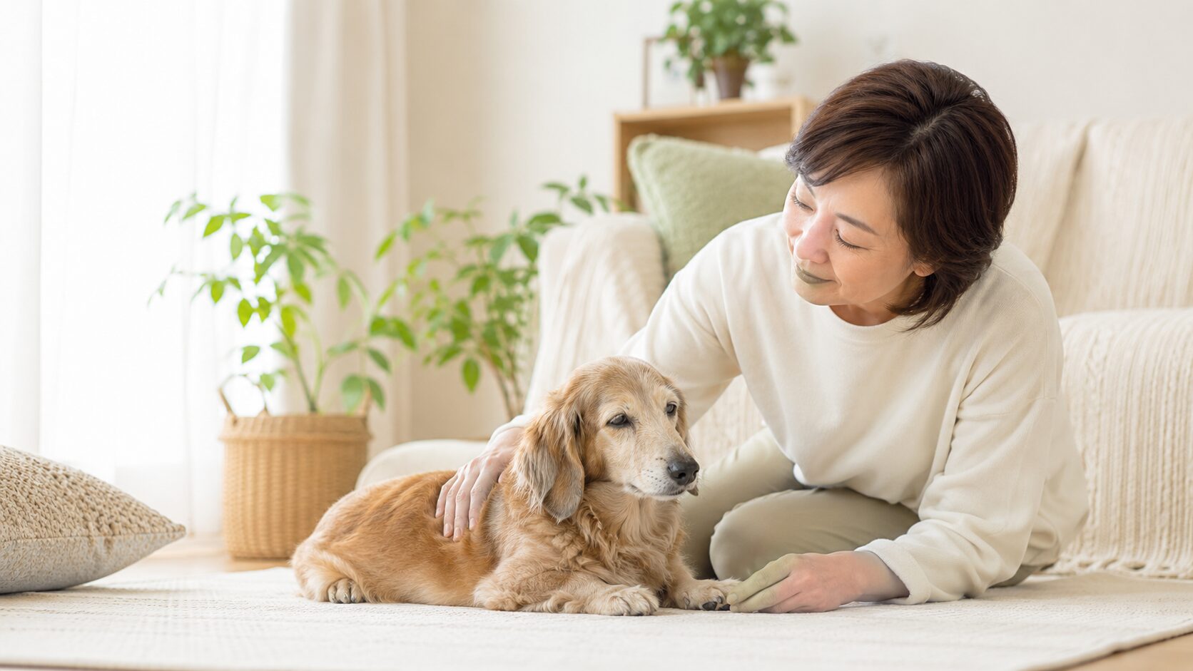 シニア犬の認知症のような変化に気づき飼い主がやさしく寄り添っているイメージ画像
