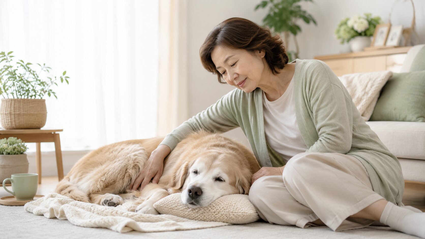認知症ケアで疲れを感じながらも老犬にやさしく寄り添う飼い主のイメージ画像