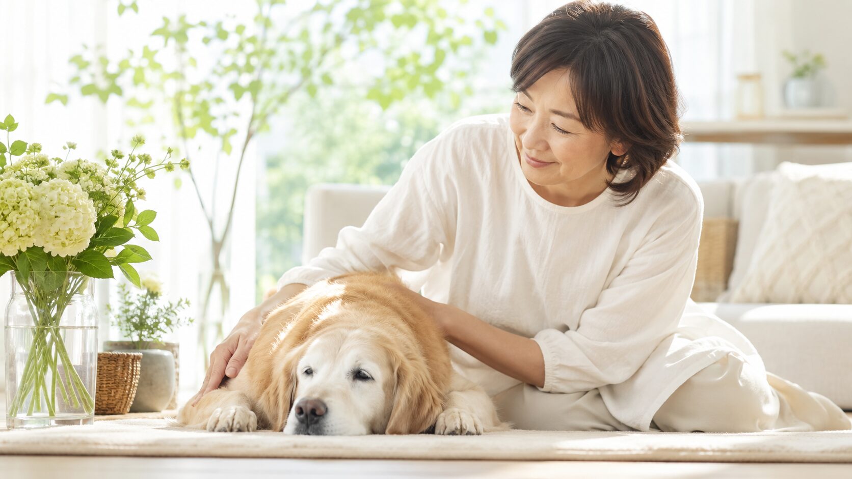 認知症の変化があるシニア犬と飼い主が穏やかな日常を一緒に過ごしているイメージ画像