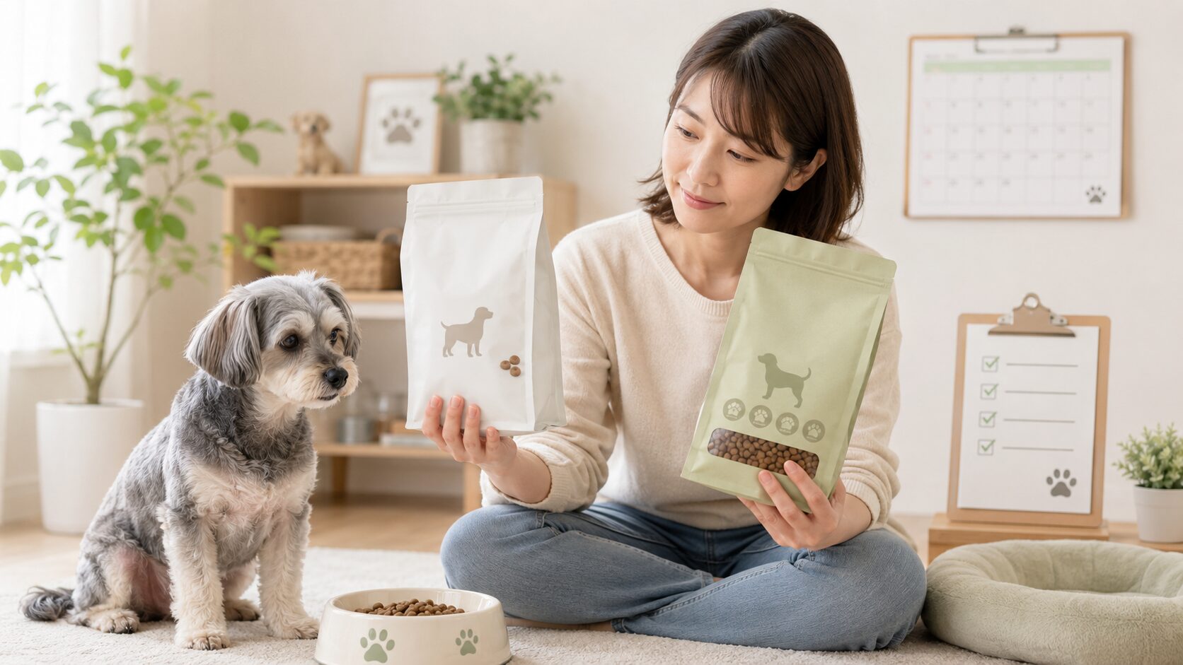 シニア犬の食事をいつから見直すか考える飼い主と老犬のイメージ