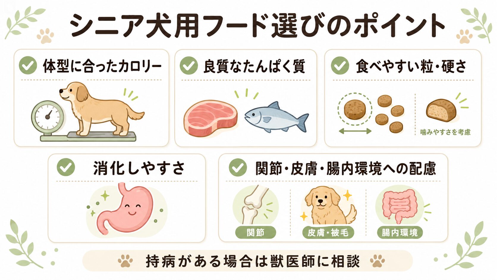 シニア犬用フードを選ぶときに確認したいポイントをまとめた図解