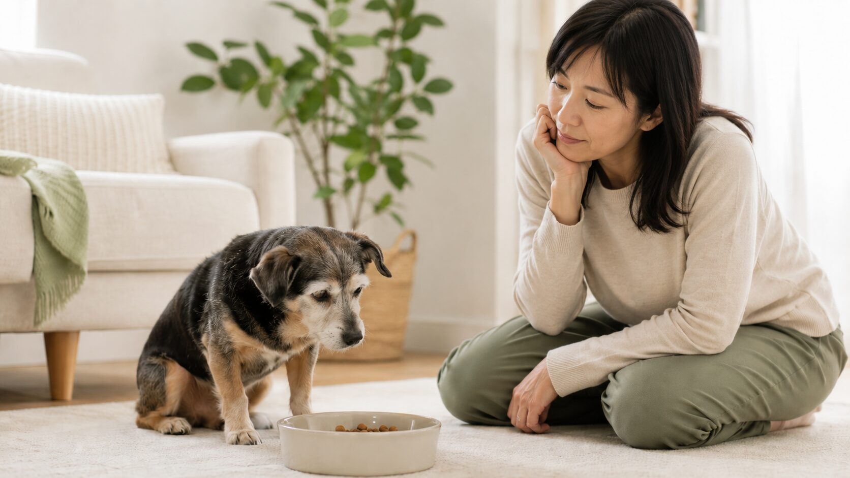 ご飯を残した老犬を心配そうに見守る飼い主のイメージ