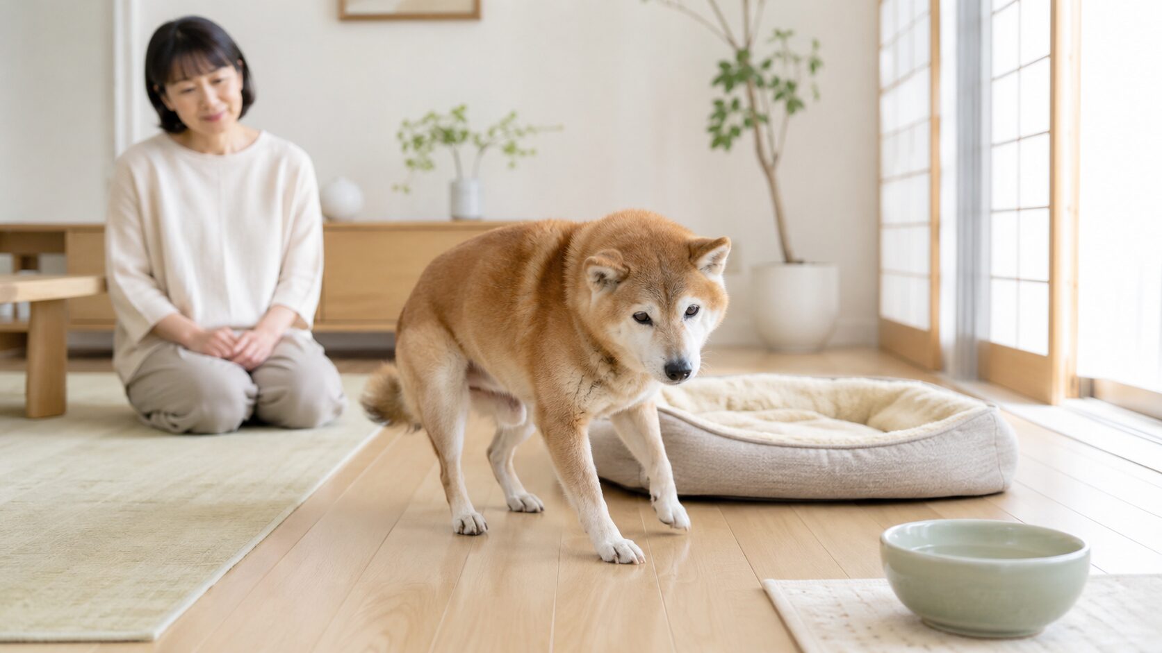 フローリングで後ろ足が滑りながら立ち上がろうとするシニア犬