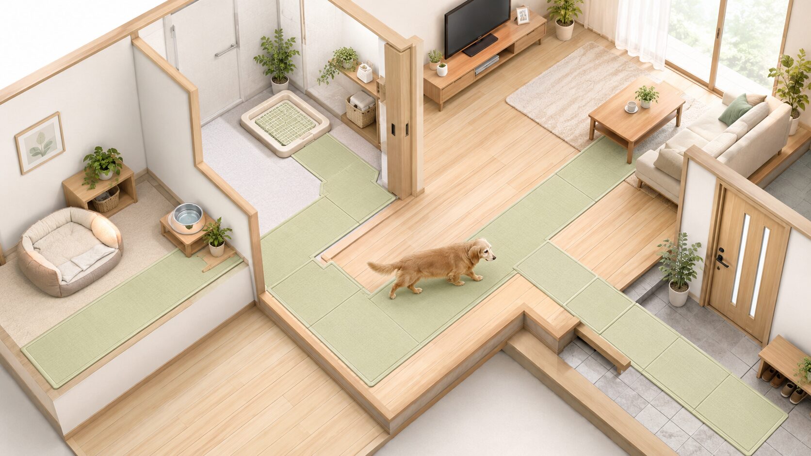 寝床から水飲み場やトイレまで滑り止めマットをつないだ老犬の生活動線