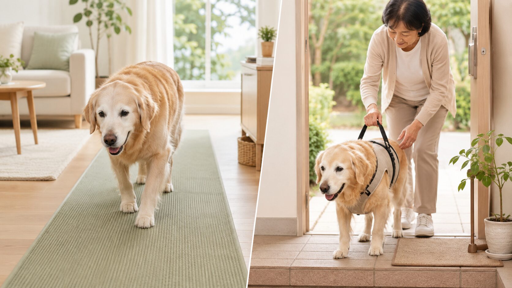 滑り止めマットで自力歩行する老犬と介護ハーネスで支える場面の比較