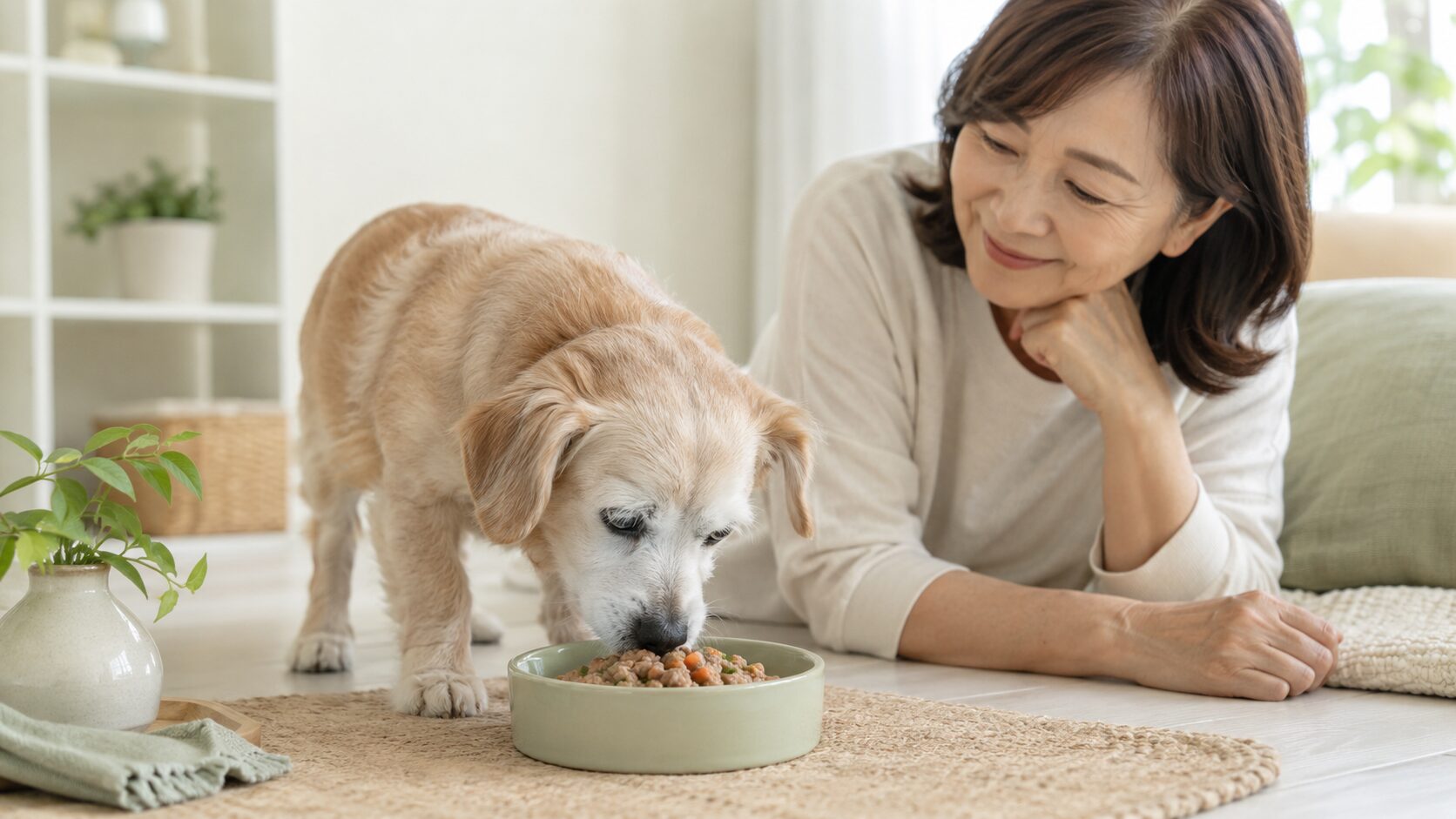 シニア犬の食事をやさしく見守る飼い主のイメージ