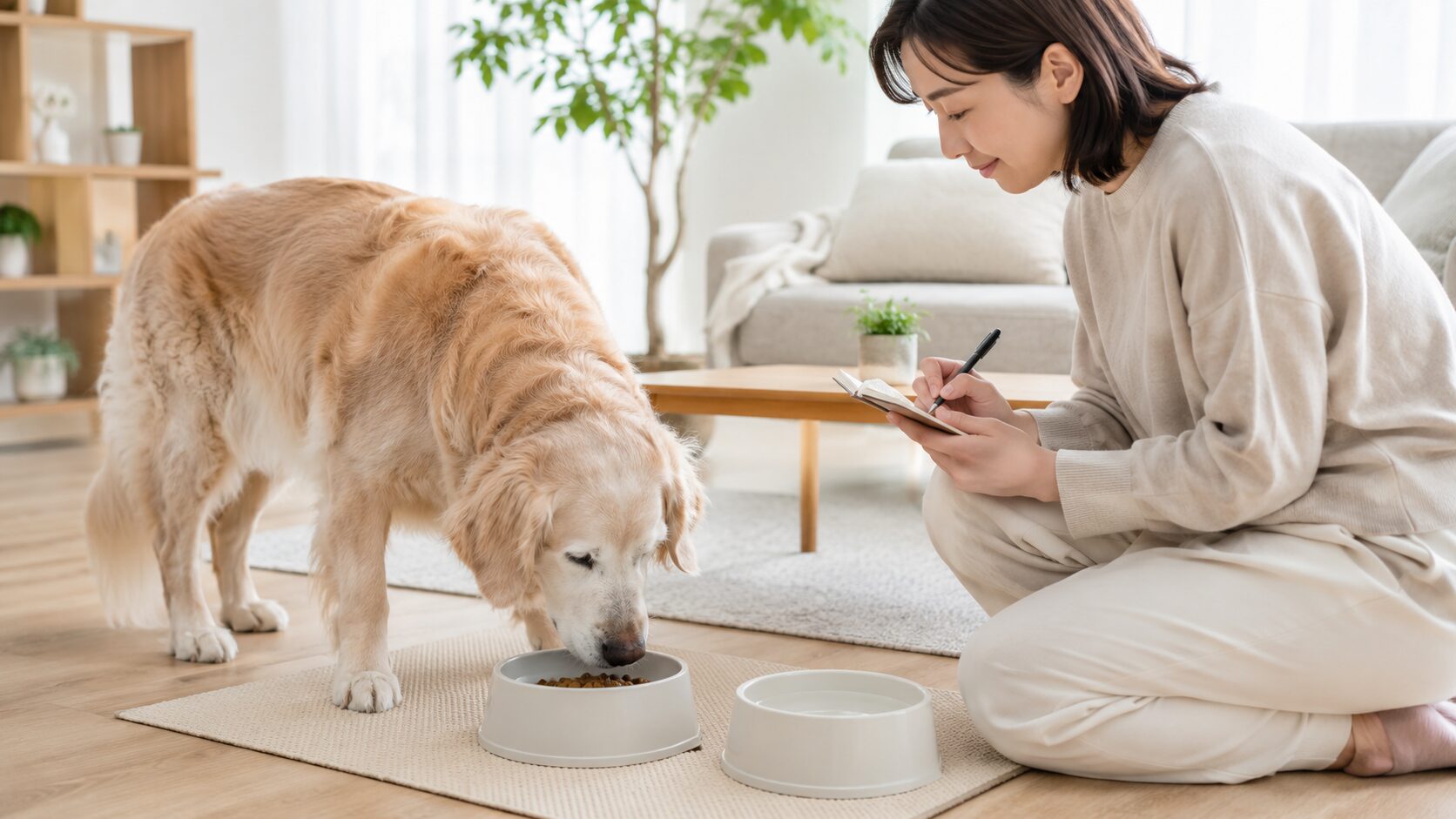 シニア犬の食事量や食べ方を飼い主が落ち着いて記録している場面