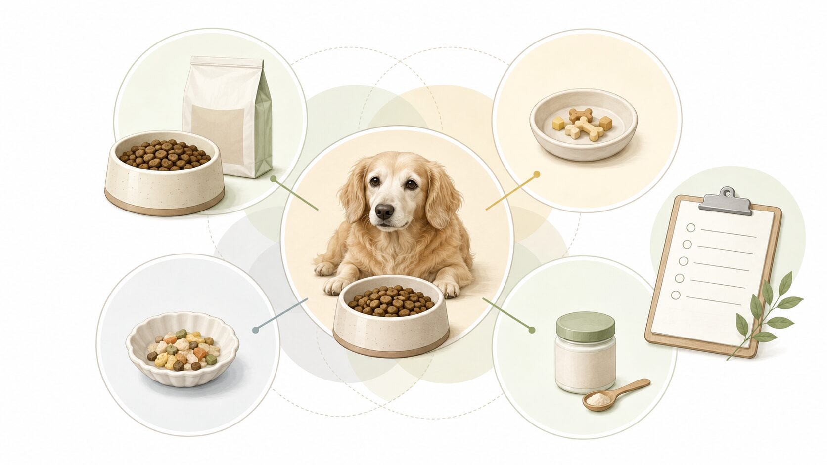 シニア犬の主食・おやつ・トッピング・サプリを1日の食事全体として整理する図解