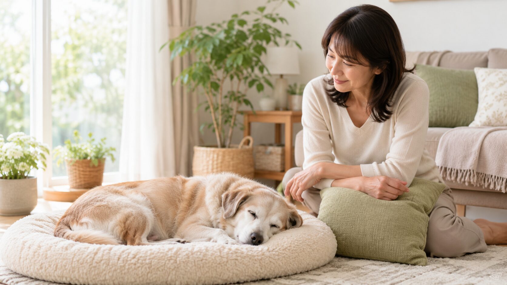 寝てばかりいるシニア犬を飼い主がやさしく見守っているイメージ画像