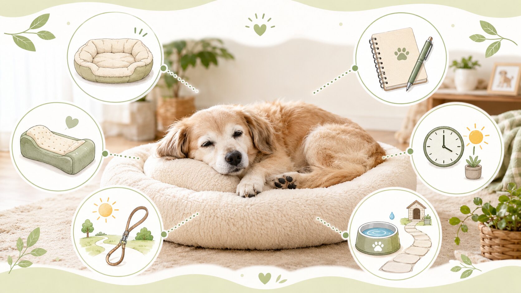寝てばかりいる老犬のために自宅でできる寝床や生活環境のケアをまとめた図解