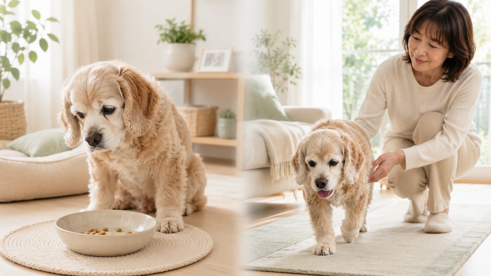 食欲や歩き方に変化が出てきたシニア犬を飼い主が見守るイメージ画像