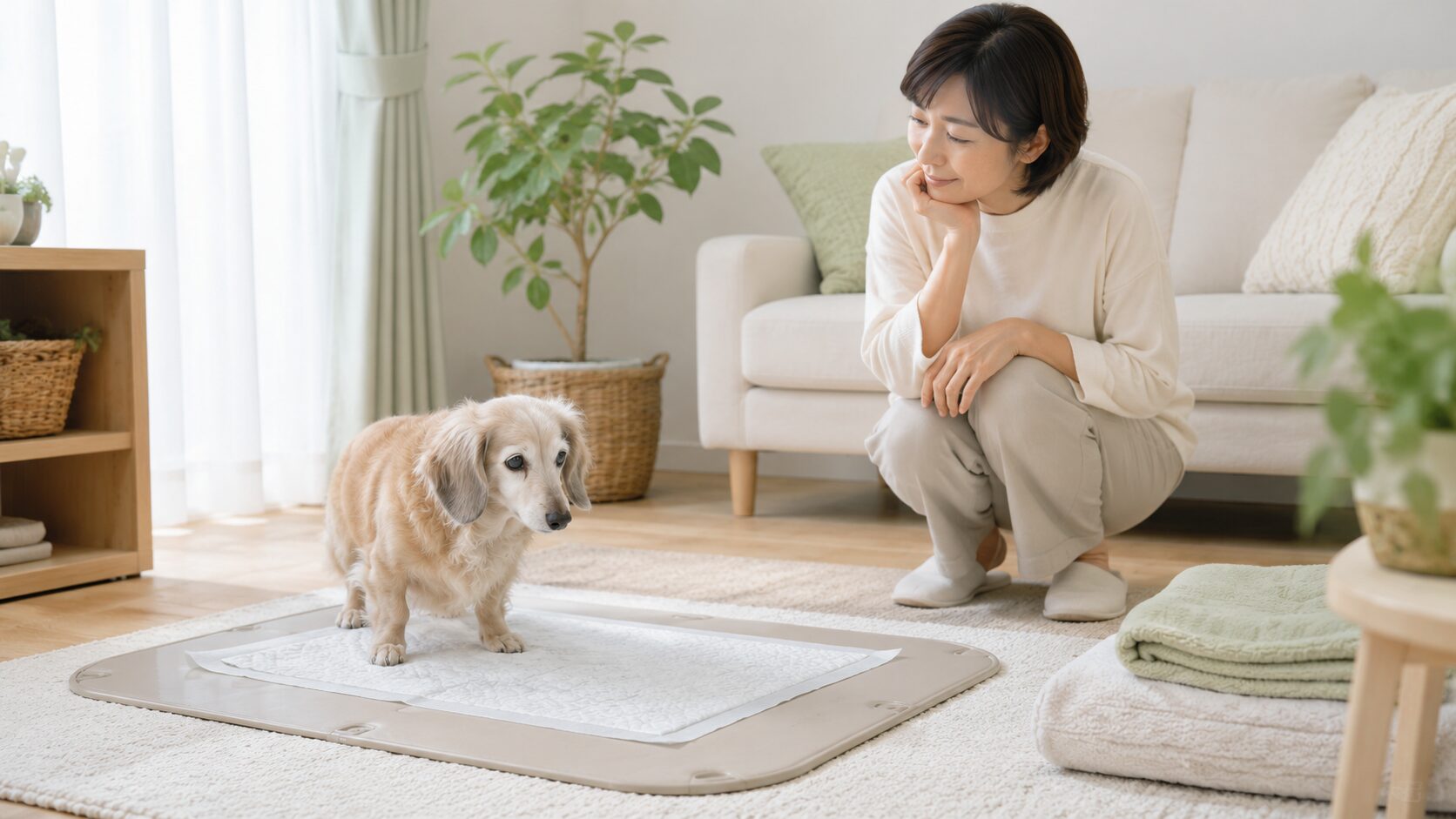 トイレ失敗が増えた老犬を飼い主が叱らずやさしく見守っているイメージ画像