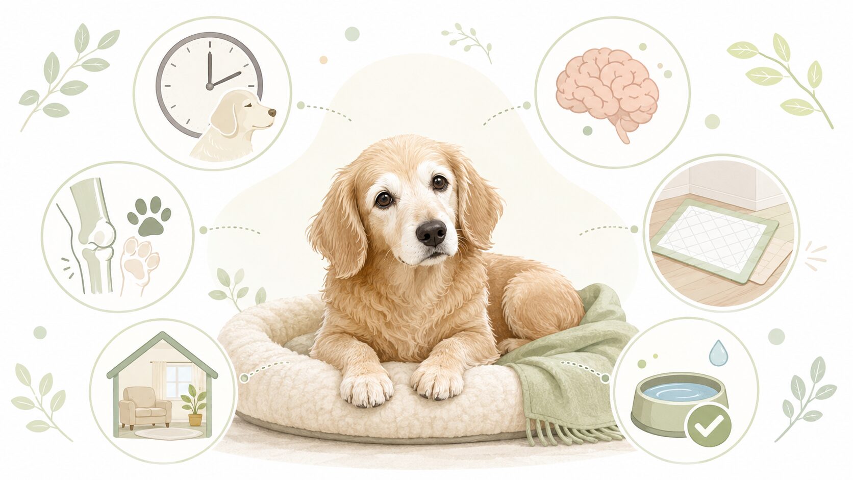 老犬がトイレを失敗する主な原因を加齢や足腰や認知機能などで整理した図解