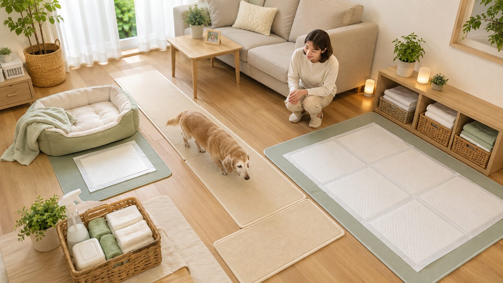 老犬がトイレを失敗しにくいようにシートや滑り止めマットを整えた住環境の図解