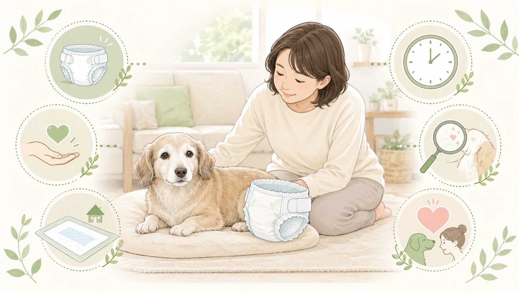 老犬のオムツを使うときの交換や皮膚チェックなどの注意点をまとめた図解