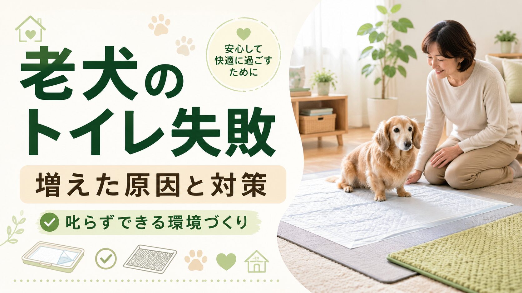 老犬のトイレ失敗が増えた原因と叱らずできる環境づくりを解説する記事用アイキャッチ画像