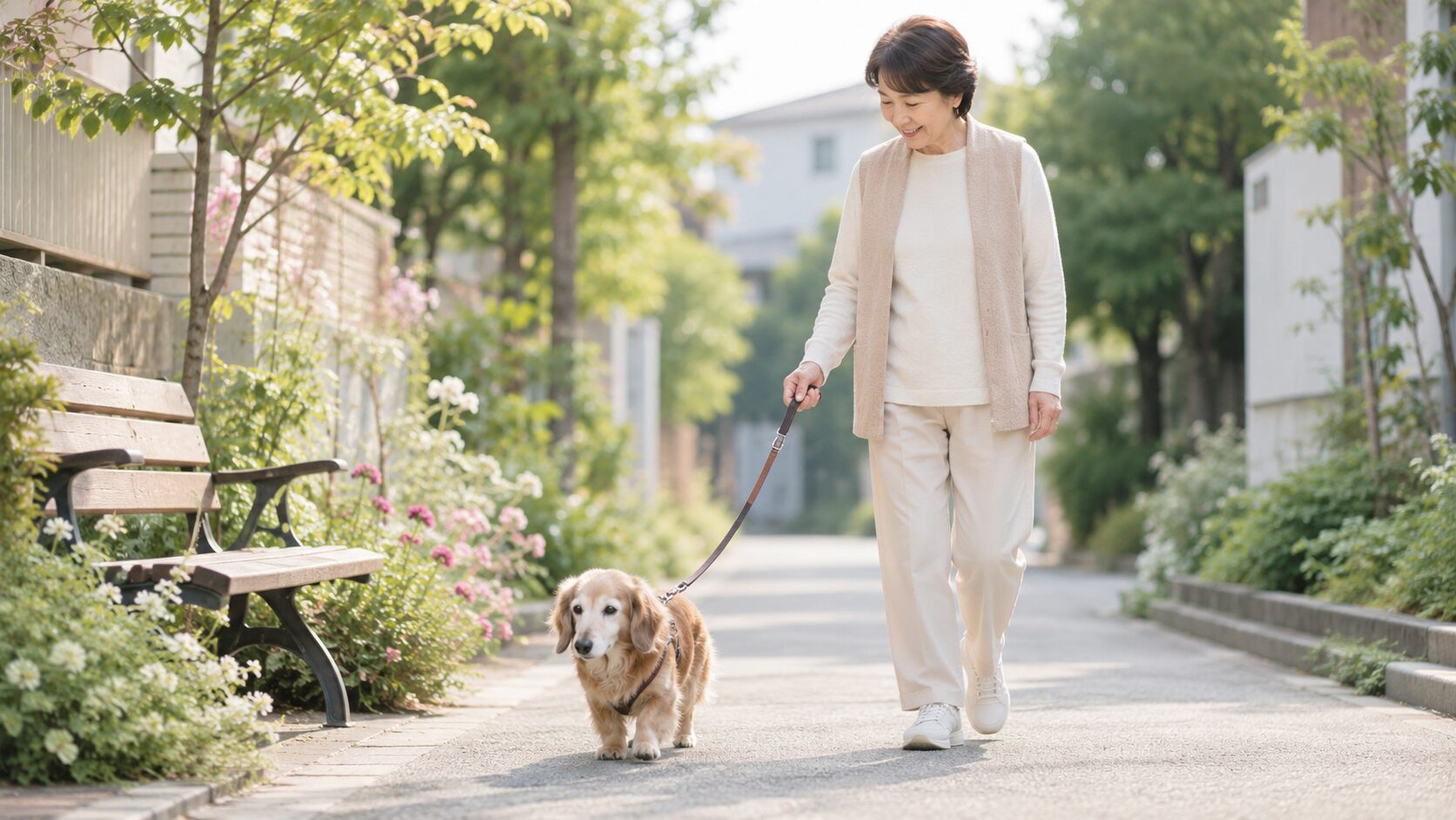 老犬と飼い主が無理のないペースでやさしく散歩しているイメージ画像