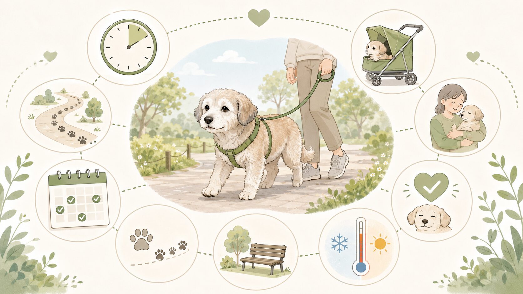 老犬の散歩時間や距離や回数を体調に合わせて調整する考え方をまとめた図解